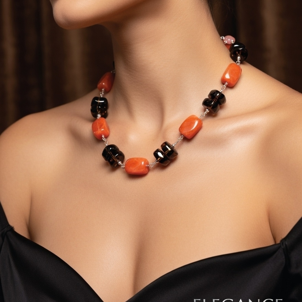 Source Unknown Orange And Black Beaded Statement … - image 1